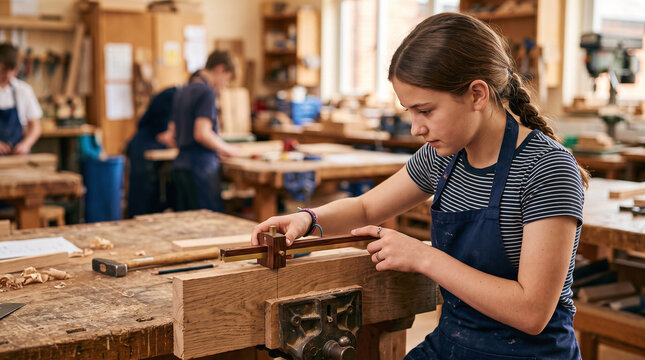 Young female student using a wooden marking gauge in a carpentry workshop.