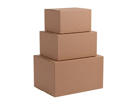 A stack of three brown cardboard boxes varying in size rests on transparent background packaging