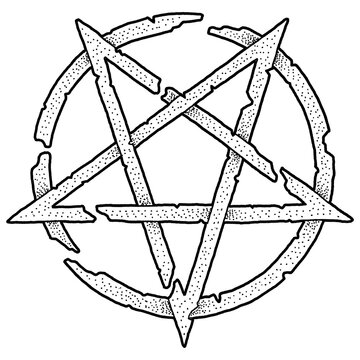 Pentagram made of rough twigs inside a circle, dark occult sigil illustration in black and white
