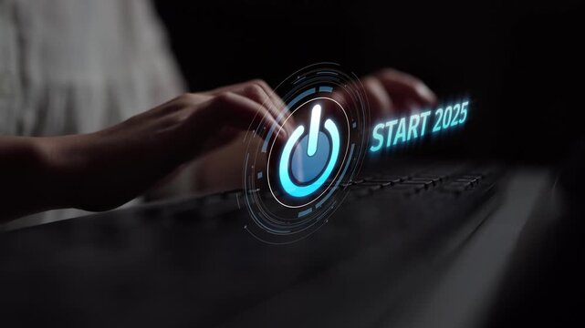 Start 2025 concept with futuristic power button symbolizing fresh beginnings, innovation, and digital transformation. Start 2025, new goals, and start 2025 initiative. Muxer