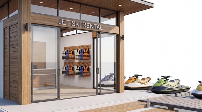 Modern Wooden Beachfront Rental Shop Featuring Jet Skis and Safety Gear for Summer Water Sports Recreation