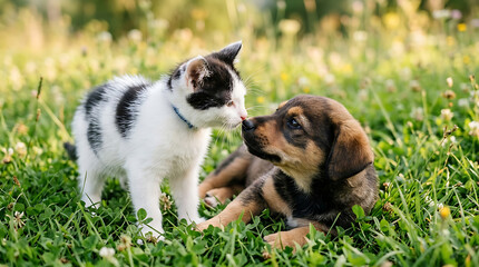 Obraz premium Cute kitten and puppy playing together on green grass
