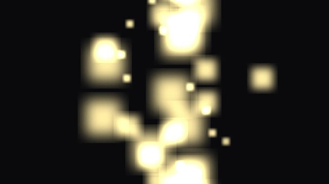 Floating glowing square particles with soft light bokeh effect on dark abstract digital background.