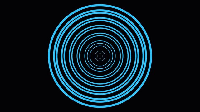 Blue concentric circles expanding rhythmically against black background creating minimalist motion effect.