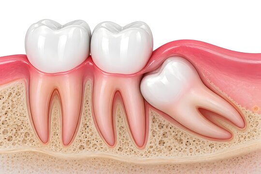 Wisdom tooth impaction illustration showing a misaligned molar pushing against adjacent teeth and bone causing crowding and potential damage.