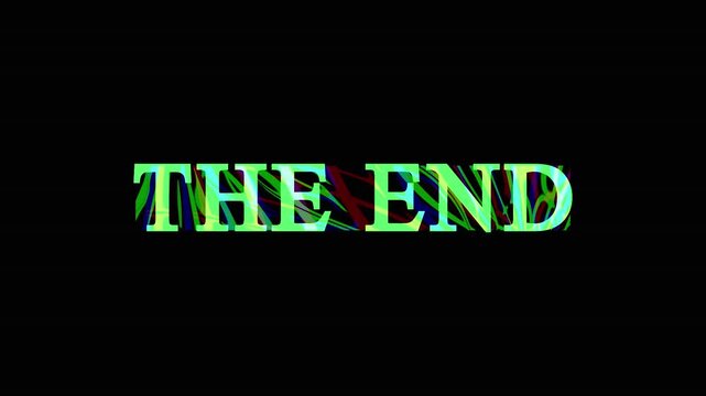 Glitch effect animated text the end on black background with flickering chromatic aberration video.