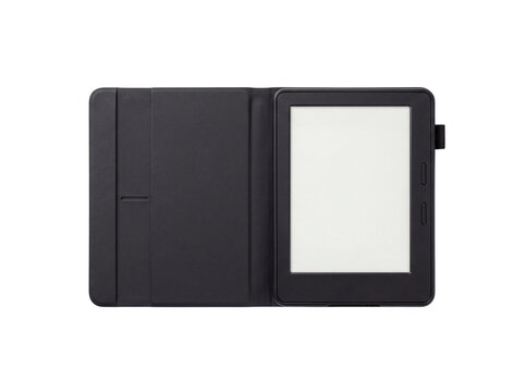 Closed black ebook reader with protective cover displaying a white screen on transparent background electronic