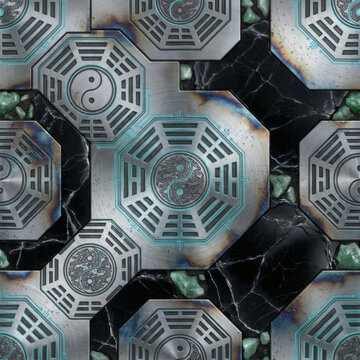 Metallic Bagua Bagua trigram plates embedded in dark basalt stone with green jade fragments, taoist fantasy magic array background, seamless tile