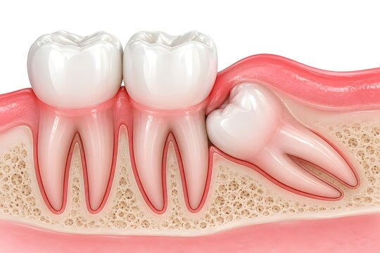 Close up 3D illustration of a wisdom tooth impaction showing the tooth growing sideways against adjacent molars and gums.
