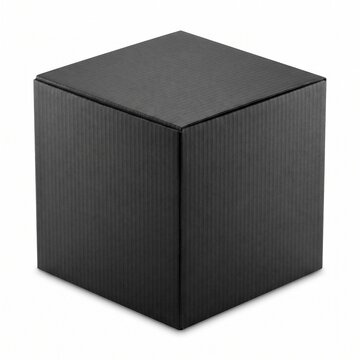 Square black cardboard mailer parcel box mockup three quarter angle on white background
