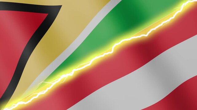 Two waving flags Guyana and Austria with diagonal lightning seamless, 4k loop