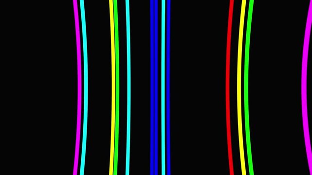 Neon light stripes moving vertically in rhythmic patterns across dark background seamless motion loop.