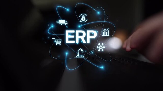 ERP platform visual showing centralized system for enterprise resource planning, improving integration, data flow, business efficiency, finance, inventory, and human resources. Muxer