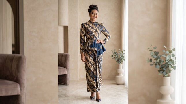 Elegant asian woman wearing modern indonesian batik dress posing indoors
