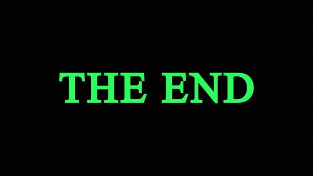 Text the end glowing neon particles animation against solid black backdrop motion graphics video.