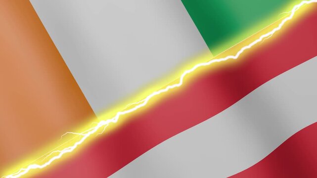Two waving flags Ivory Coast and Austria with diagonal lightning seamless, 4k loop