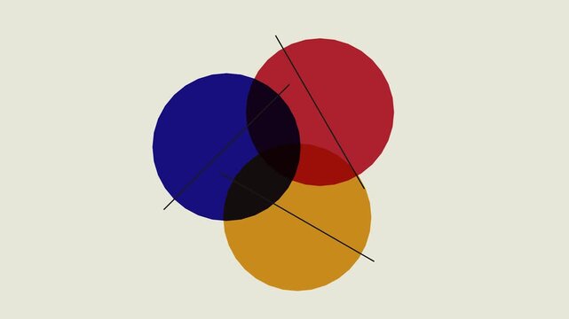 Three circles overlap and rotate smoothly around center point on simple beige background stock video.