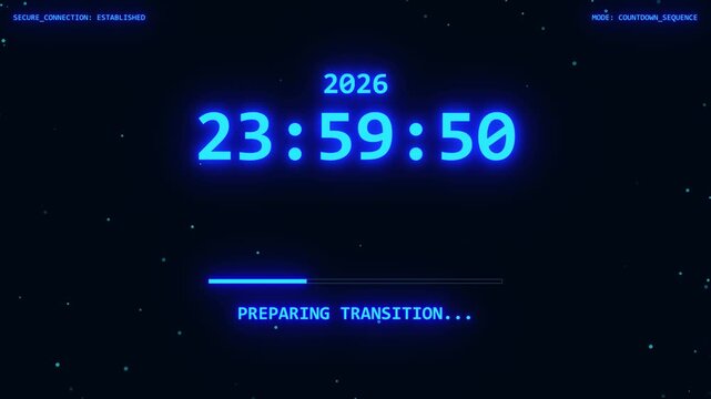 Futuristic Digital Countdown Clock Displaying Time and Date in Deep Space with Transition Loading Bar