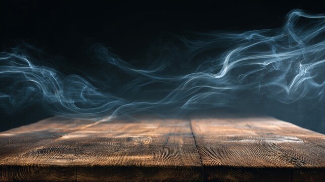 Moody industrial style wooden table surface aged patina finish dark mysterious background delicate smoke waves floating creating enigmatic visual narrative soft dramatic lighting intricate smoke