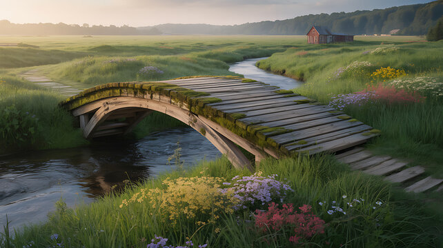 A picturesque countryside landscape featuring a small wooden arched bridge crossing a narrow stream in a lush green meadow with colorful wildflowers and a rustic house in the distance at sunset