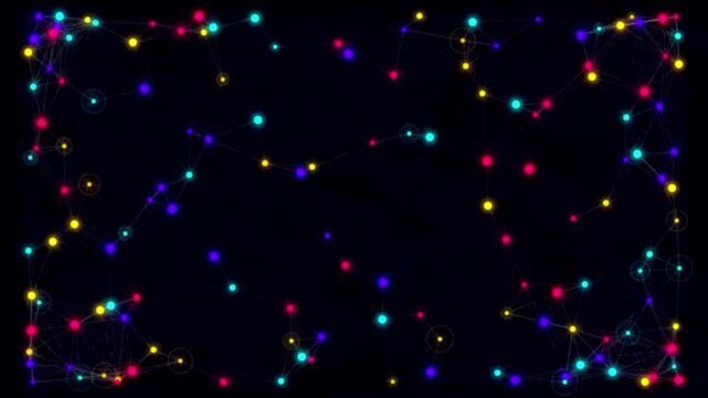 Abstract digital network background with colorful glowing particles and connecting lines representing data flow and technology