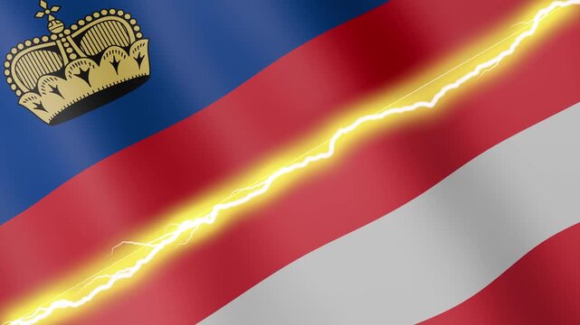 Two waving flags Liechtenstein and Austria with diagonal lightning seamless, 4k loop