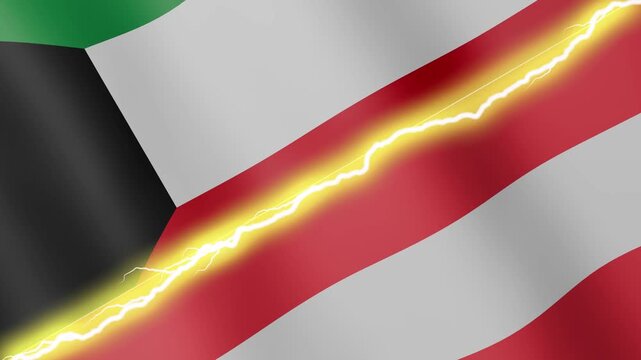 Two waving flags Kuwait and Austria with diagonal lightning seamless, 4k loop