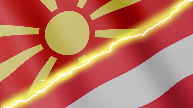 Two waving flags Northern Macedonia and Austria with diagonal lightning seamless, 4k loop