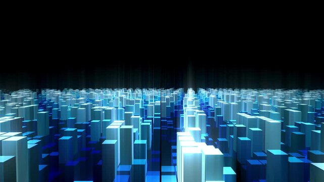 Abstract 3D data visualization landscape featuring glowing blue and white cubes representing digital city architecture on black background