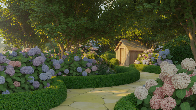 A garden path made of stone slabs winding through lush green bushes and vibrant blooming hydrangea flowers in shades of pink and blue, leading toward a small wooden shed