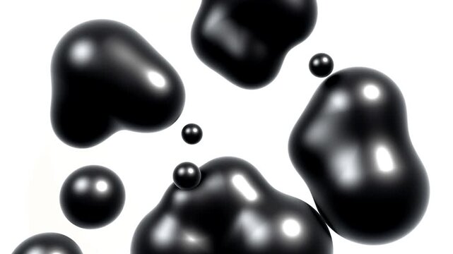 Abstract minimalist design featuring dynamic black liquid blobs and smooth spheres gracefully floating in a pristine white environment, suggesting motion and modern elegance