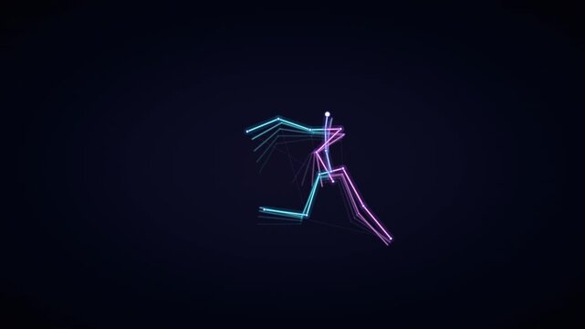 A glowing runner performs a sprint action through dark space using light trails to represent the continuous motion of an athlete training for competitive sports endurance in this digital display