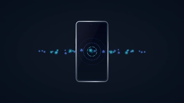 A glowing smartphone screen shows an active signal pulse emanating from the center while wireless data transmission streams travel horizontally through the air to symbolize advanced mobile