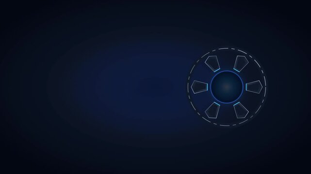 A glowing technical interface displays circular patterns with segmented geometric shapes that rotate gracefully across the dark virtual space to signify complex data processing within