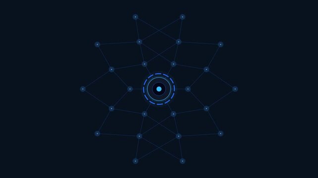 A glowing network of interconnected nodes forms a complex geometric pattern radiating from a central core to represent advanced technological innovation within the realm of global scientific