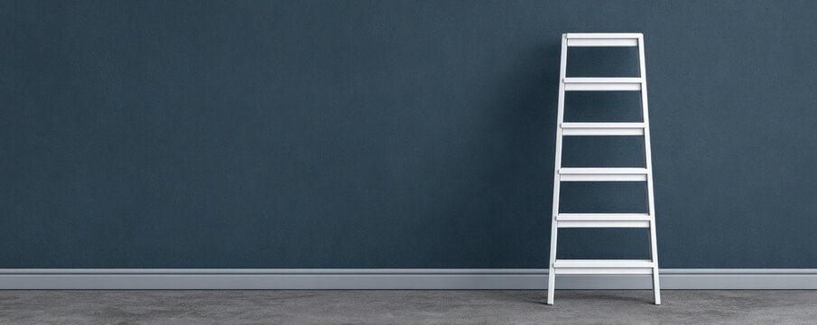 White step ladder against dark blue wall with negative space for minimalist interior design concepts and modern home decor advertising