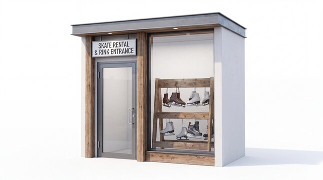 Modern Small Skate Rental Shop Building Facade With Wooden Texture Elements And Glass Display Window For Winter Sports Equipment