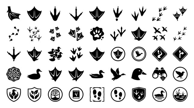 Duck Webbed Footprint Black Silhouette Collection with Bird Tracks, Waterfowl Trails, Wetland Wildlife, Safari Nature, and Tracking Symbols