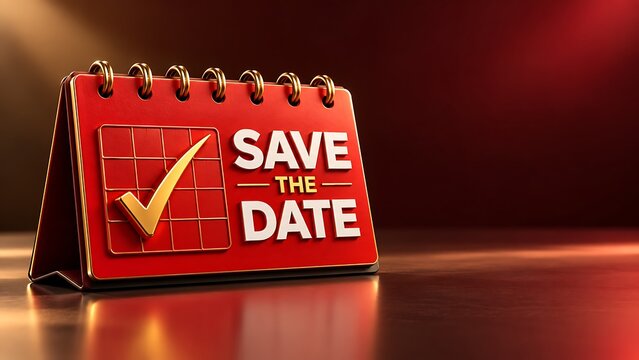Red Desktop Calendar With Save The Date Text And Golden Checkmark Icon