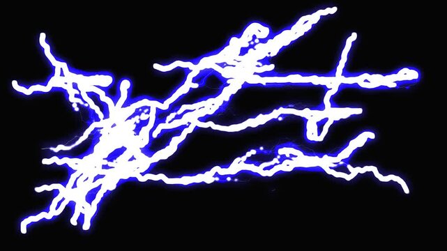 Abstract blue lightning strikes crackling across black background in high energy digital visual effect.