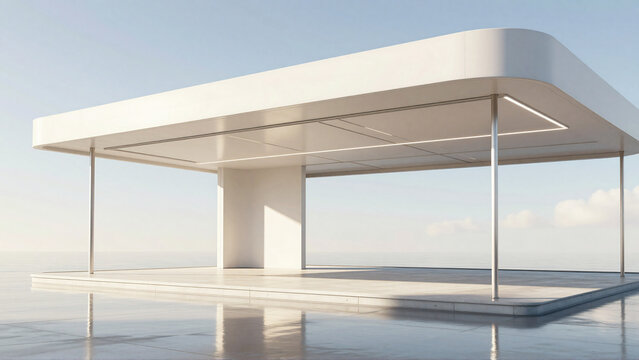 Futuristic white minimalist pavilion with reflective floor