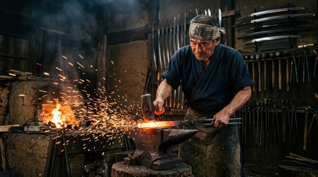 A master swordsmith (katana kaji) in a traditional forge (tatara) , hammering glowing red-hot tamahagane steel on an anvil.