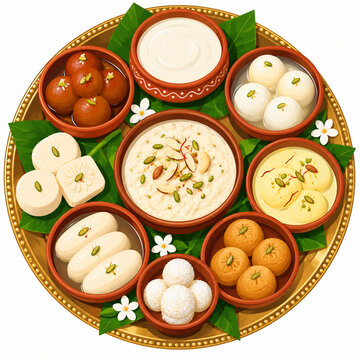Traditional Indian Mithai Platter with Assorted Bengali Sweets and Creamy Desserts