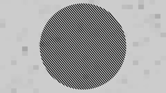 Abstract circular shape with shifting black and white diagonal line patterns on grey backdrop loop.