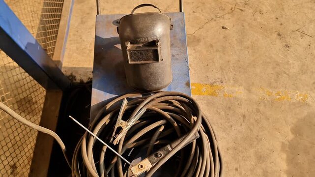 Stick Welding Equipment Set with Coiled Cables, Electrode Holder, Ground Clamp, and Dark Handheld Welding Helmet Mask