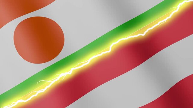 Two waving flags Republic of Niger and Austria with diagonal lightning seamless, 4k loop