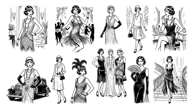 Set of black and white line art illustrations showing 1920s flapper women in various stylish outfits dancing, social advantage scenes with vintage cars, hand fans, and staircases.