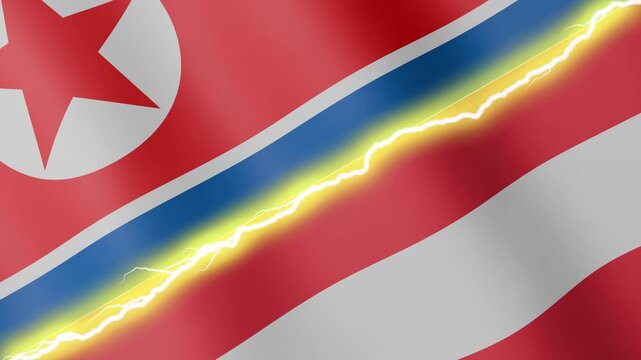 Two waving flags North Korea and Austria with diagonal lightning seamless, 4k loop