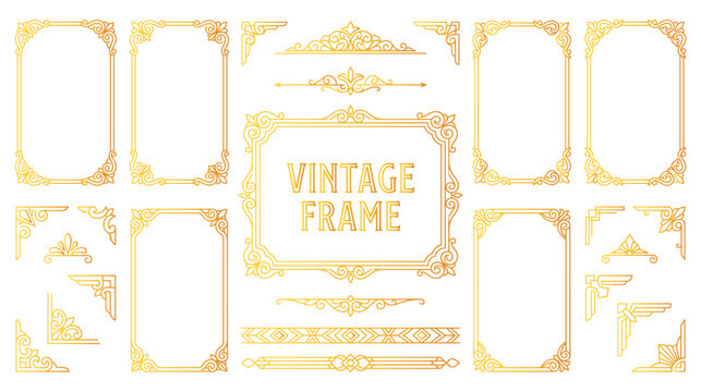 Vintage golden frame collection with decorative luxury border elements for elegant design.
