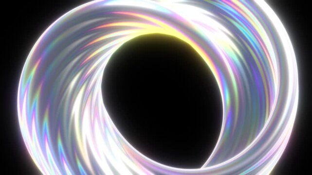 Abstract iridescent glowing spiral ring with holographic rainbow light effects on black background